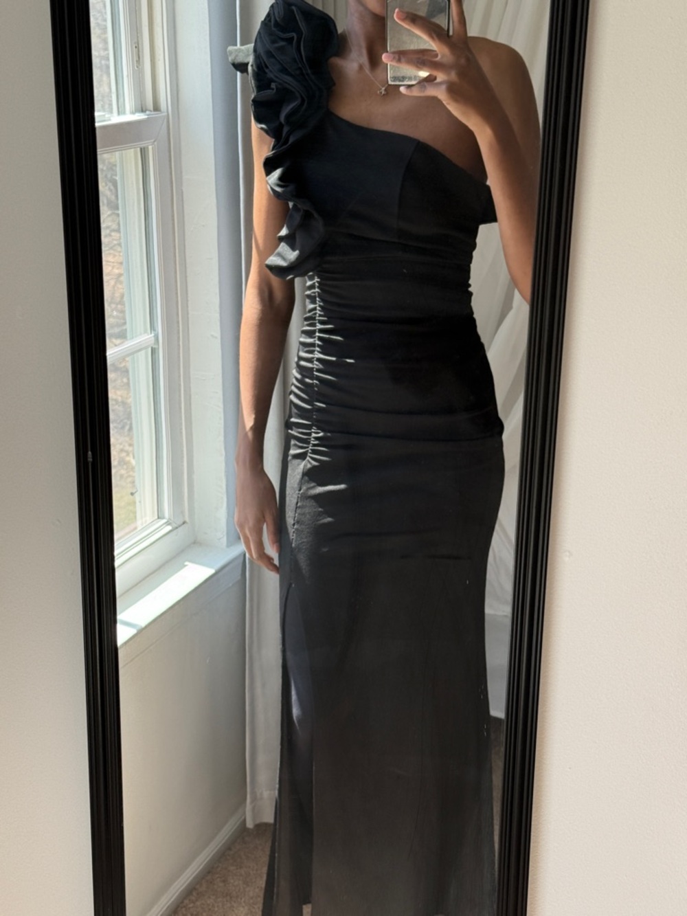 Emerald Sundae Black One-Shoulder Ruffle Evening Gown